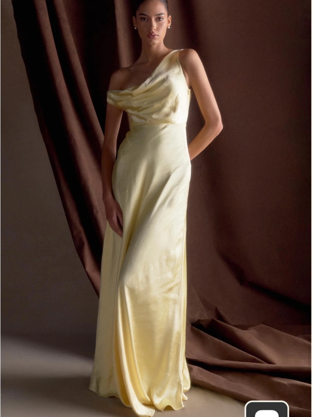 Meshki Pale Yellow One-Shoulder Draped Evening Gown - Picture 2 of 6